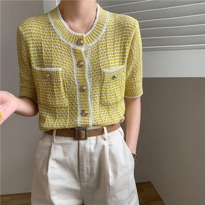 Short Sleeve Crew Neck Striped Cardigan