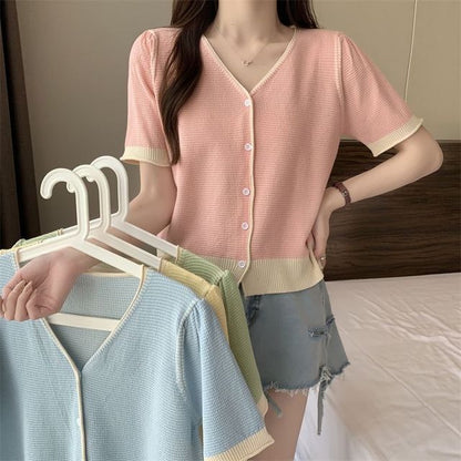 Short Sleeve Two Tone V-Neck Cardigan