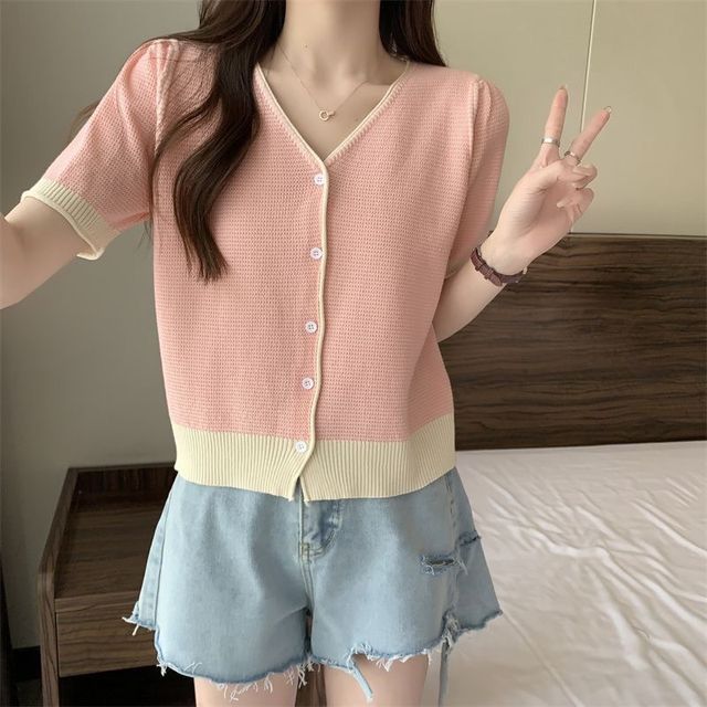 Short Sleeve Two Tone V-Neck Cardigan