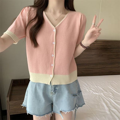 Short Sleeve Two Tone V-Neck Cardigan