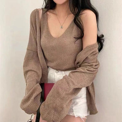 Set: V-Neck Crop Knit Tank & Cardigan
