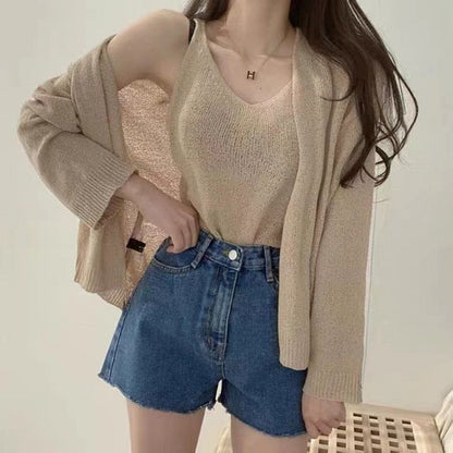 Set: V-Neck Crop Knit Tank & Cardigan