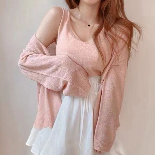 Set: V-Neck Crop Knit Tank & Cardigan
