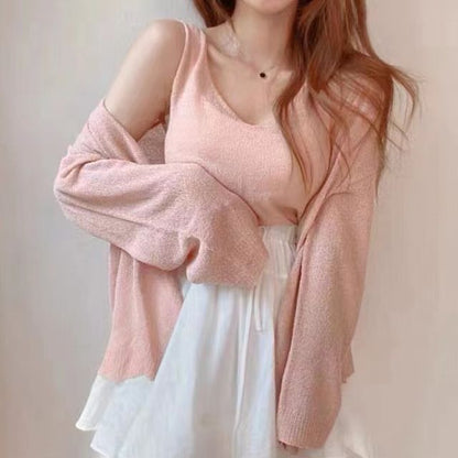 Set: V-Neck Crop Knit Tank & Cardigan