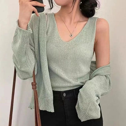 Set: V-Neck Crop Knit Tank & Cardigan
