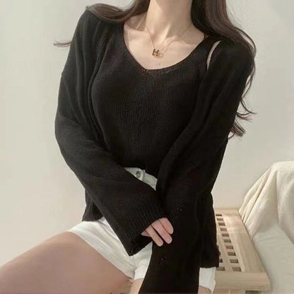 Set: V-Neck Crop Knit Tank & Cardigan