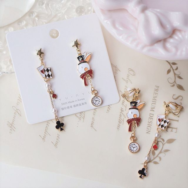 Rabbit Asymmetrical Poker Earring Drop Enamel Clip On /