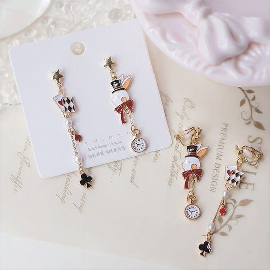 Rabbit Asymmetrical Poker Earring Drop Enamel Clip On /