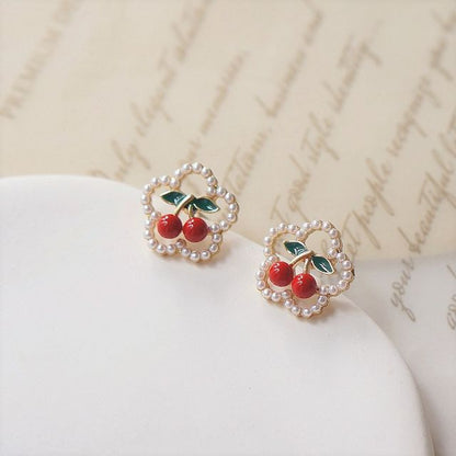 Earring Cherry / Clip Flower Faux Stud Pearl On