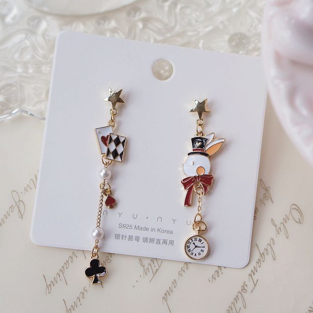 Rabbit Asymmetrical Poker Earring Drop Enamel Clip On /