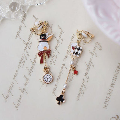 Rabbit Asymmetrical Poker Earring Drop Enamel Clip On /