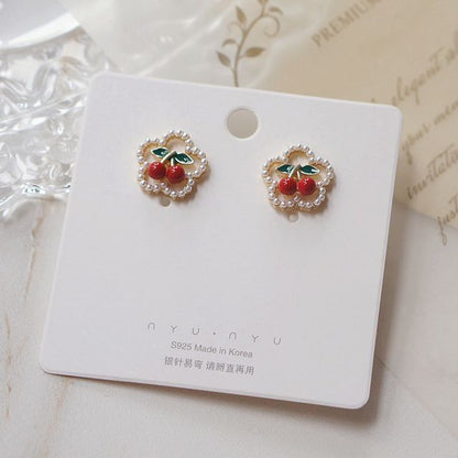 Earring Cherry / Clip Flower Faux Stud Pearl On