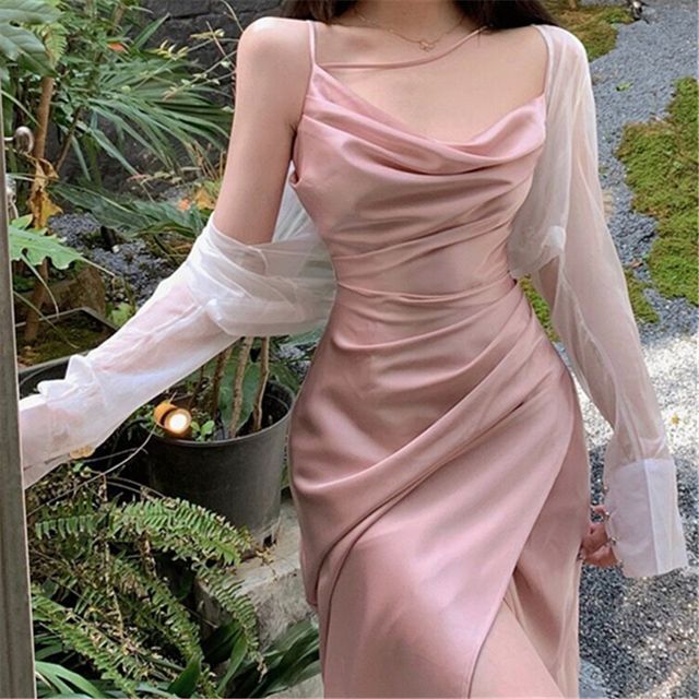 Thin Strap Cowl Neck Ruched Satin Midi Bodycon Dress