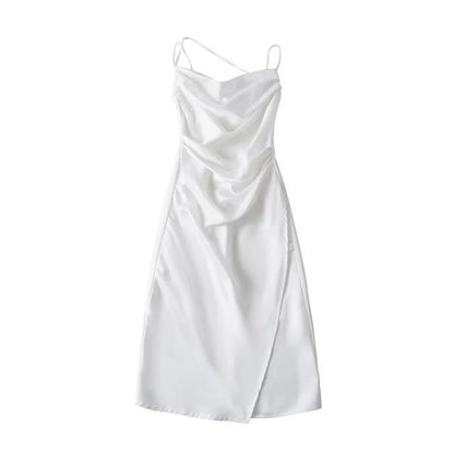 Thin Strap Cowl Neck Ruched Satin Midi Bodycon Dress