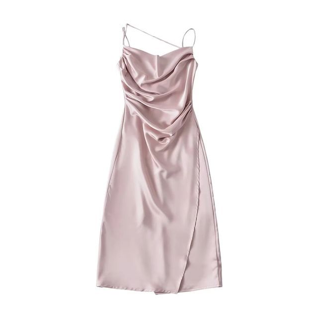 Thin Strap Cowl Neck Ruched Satin Midi Bodycon Dress