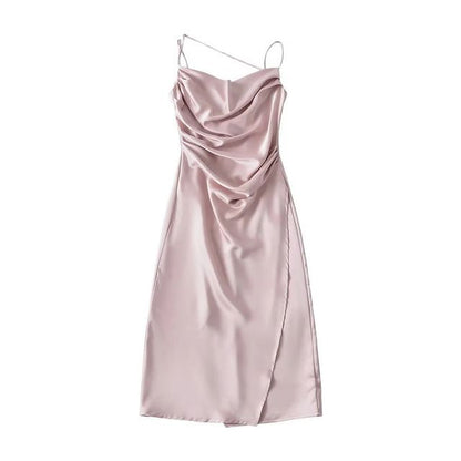 Thin Strap Cowl Neck Ruched Satin Midi Bodycon Dress