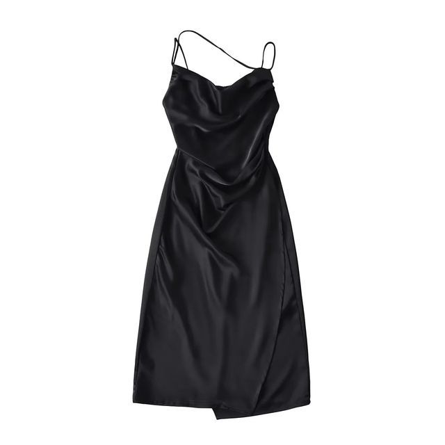 Thin Strap Cowl Neck Ruched Satin Midi Bodycon Dress