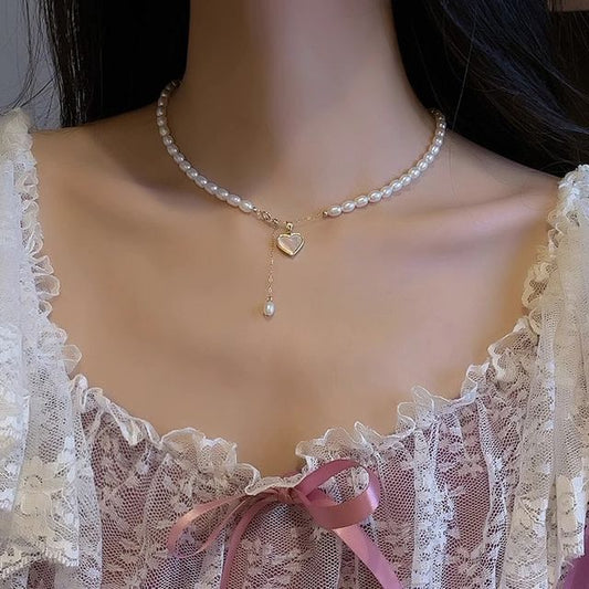 Faux Shell Heart Choker Pearl Pendant