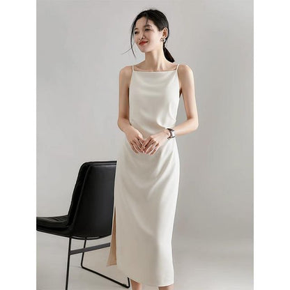 Thin Strap Side Slit Midi Sheath Dress
