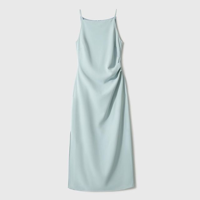 Thin Strap Side Slit Midi Sheath Dress