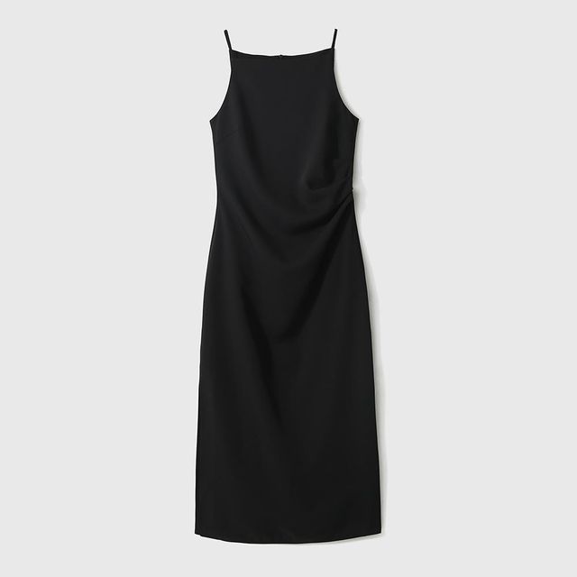 Thin Strap Side Slit Midi Sheath Dress