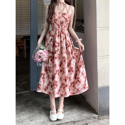 Thin Strap Floral Ruched A-Line Maxi Dress