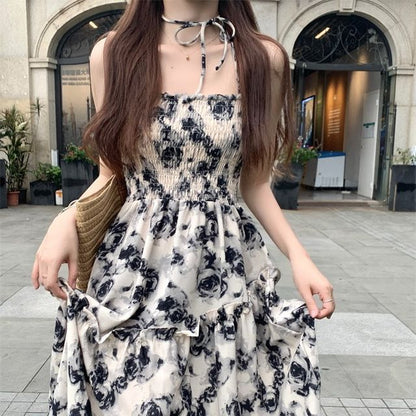 Thin Strap Floral Ruched A-Line Maxi Dress