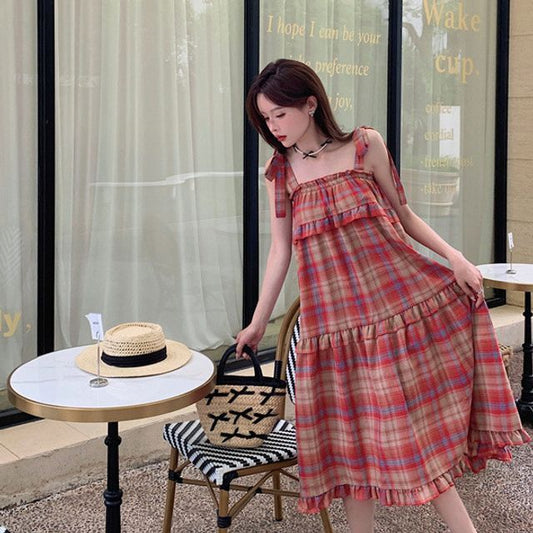 Tie Shoulder Plaid Ruffle Midi A-Line Dress