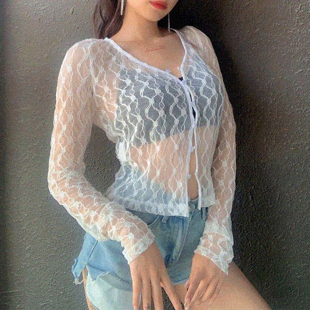 Long Sleeve Lace Sheer V-Neck Crop Cardigan