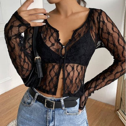Long Sleeve Lace Sheer V-Neck Crop Cardigan