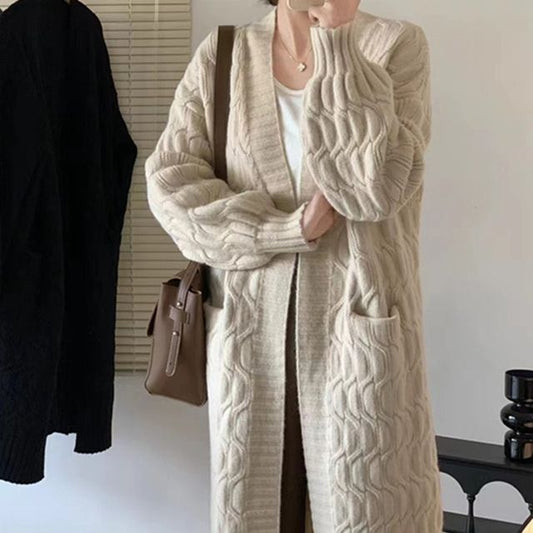 Twist Knit Open Front Long Cardigan