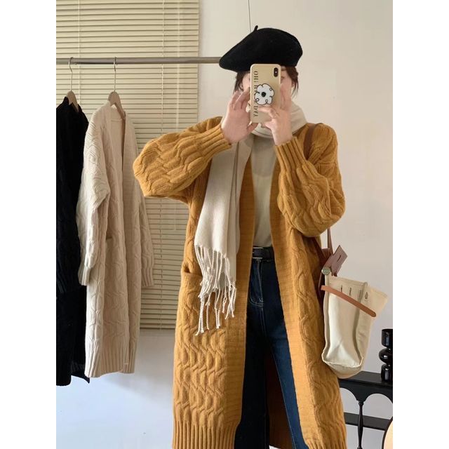 Twist Knit Open Front Long Cardigan