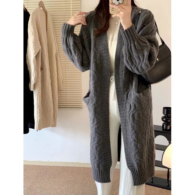 Twist Knit Open Front Long Cardigan