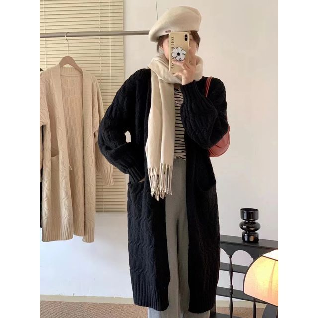 Twist Knit Open Front Long Cardigan