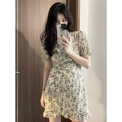 Short-Sleeve V-Neck Floral Print Ruffle Wrap Mini A-Line Dress