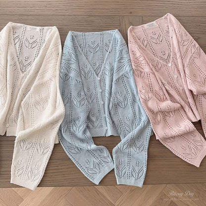 V-Neck Button-Up Pointelle Knit Cardigan
