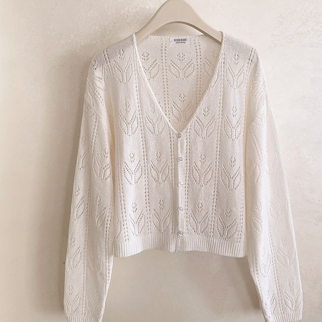V-Neck Button-Up Pointelle Knit Cardigan
