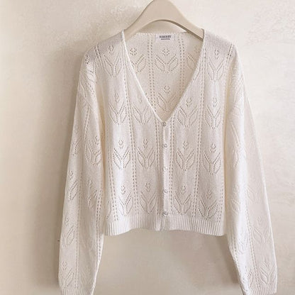 V-Neck Button-Up Pointelle Knit Cardigan