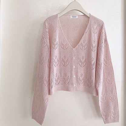 V-Neck Button-Up Pointelle Knit Cardigan