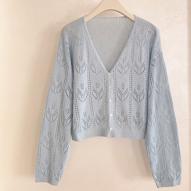 V-Neck Button-Up Pointelle Knit Cardigan