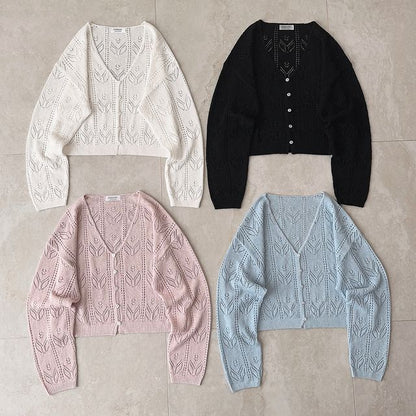 V-Neck Button-Up Pointelle Knit Cardigan