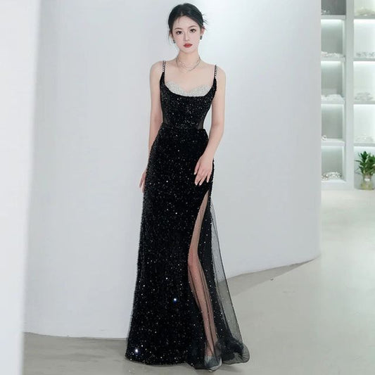 Thin Strap Two Tone Sequin Mesh A-Line Evening Gown