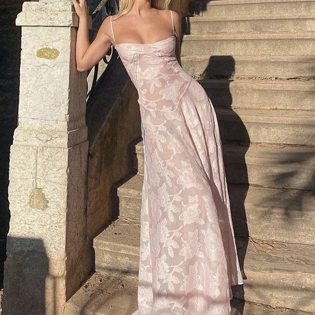 Thin Strap Square Neck Lace Maxi A-Line Dress