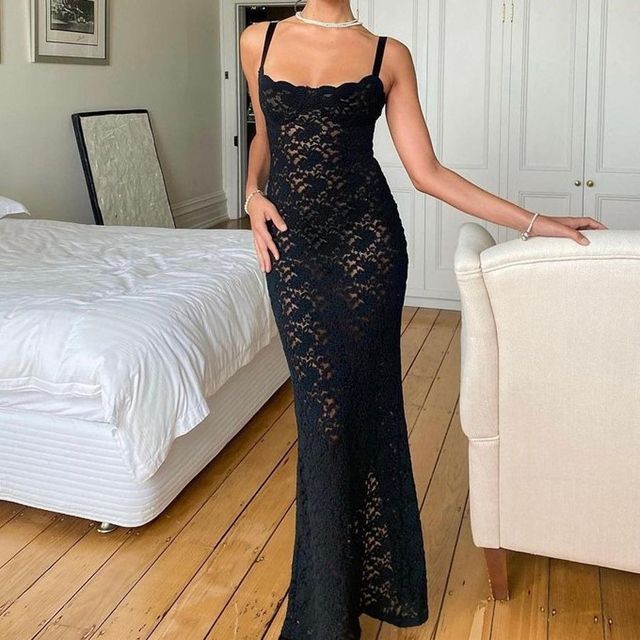 Thin Strap Square Neck Lace Maxi Sheath Dress
