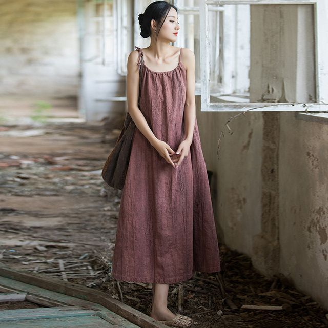 Thin Strap Scoop Neck Tie Dye Midi Shift Dress