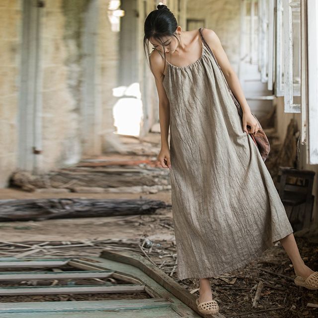 Thin Strap Scoop Neck Tie Dye Midi Shift Dress