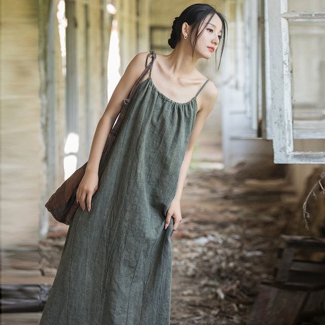 Thin Strap Scoop Neck Tie Dye Midi Shift Dress