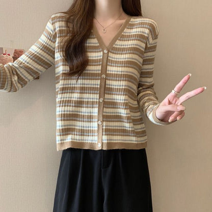 Long Sleeve Color Block Striped V-Neck Cardigan