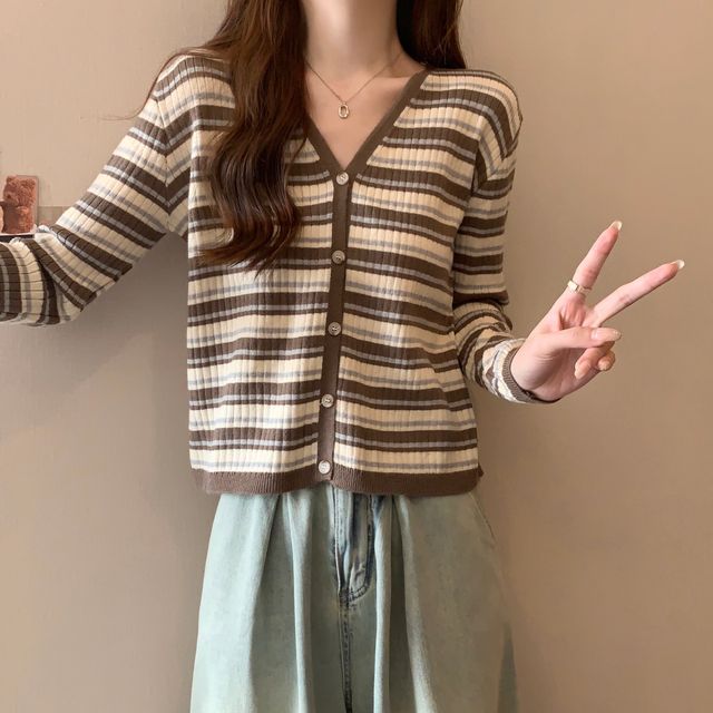 Long Sleeve Color Block Striped V-Neck Cardigan