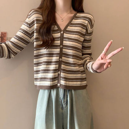 Long Sleeve Color Block Striped V-Neck Cardigan
